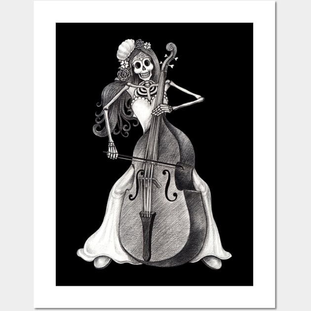Sugar skull playing double bass day of the dead. Wall Art by Jiewsurreal
